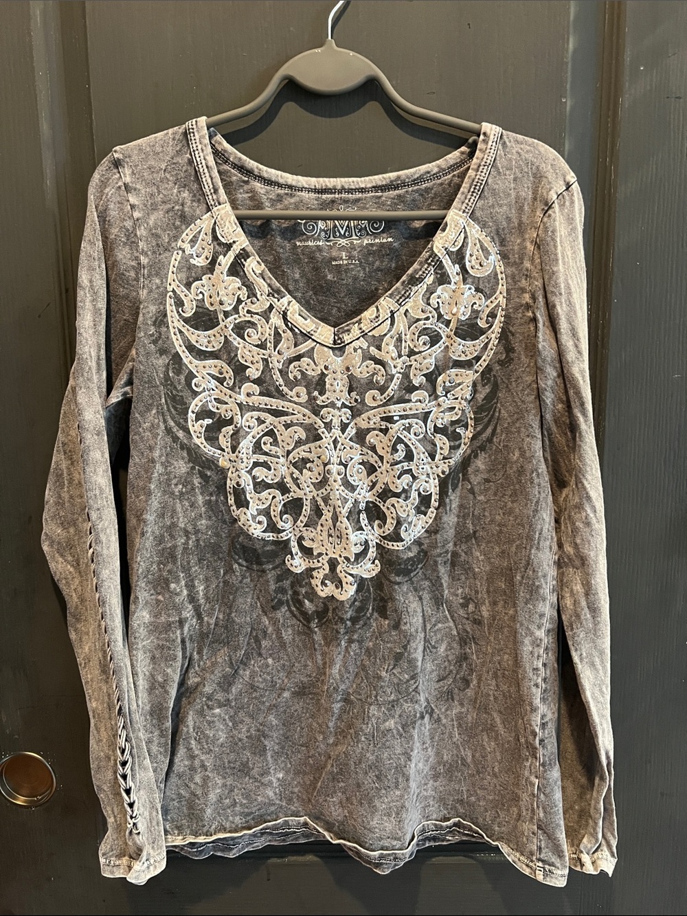 Maurices Gray Mineral-Wash Long Sleeve V-Neck Top with White Embroidery
